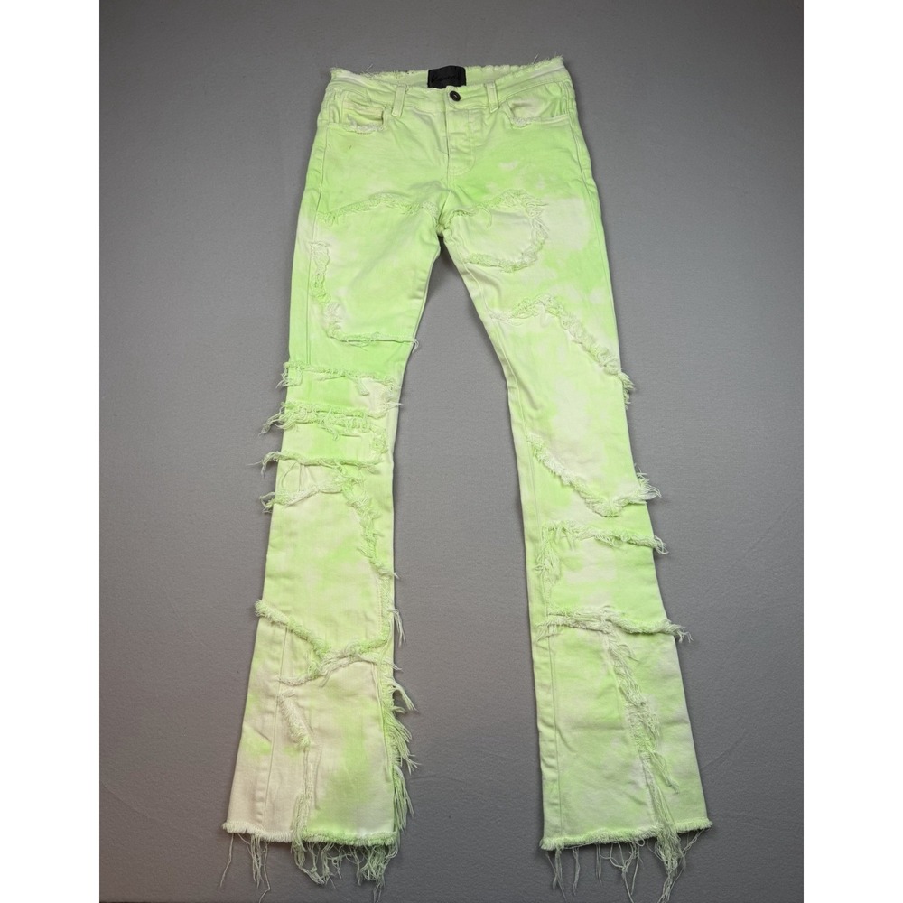 Valabasas Stacked Distressed Jeans Neon Green Bleach Wash Size 30 Flared